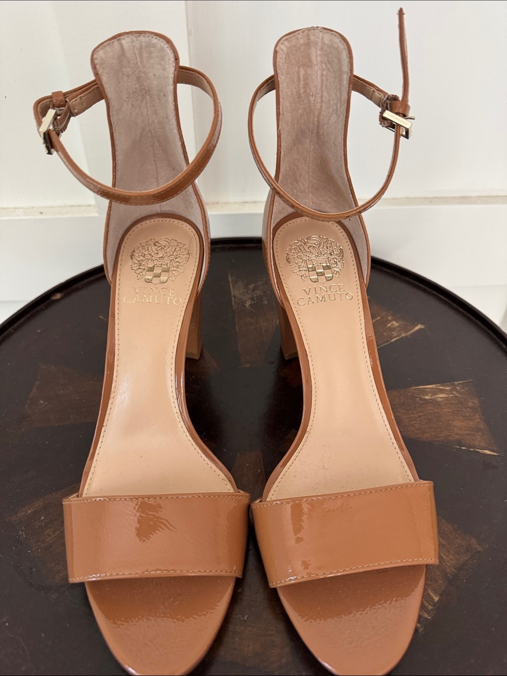 Vince Camuto Tan Patent Ankle-Strap Block Heel Sandals